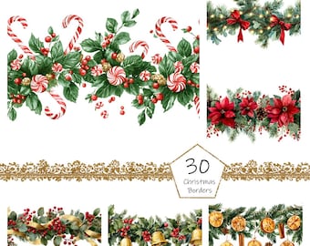 May include: Watercolor illustrations of Christmas borders. The image features various festive designs, including candy canes, holly, poinsettias, and golden bells. The borders are adorned with red berries, green leaves, and gold accents. The text reads "30 Christmas Borders".