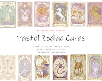 Vintage Pastel Zodiac Cards, 12 PNG Zodiac png art, Commercial Use, Zodiac png Bundle, Digital Zodiac Cards, Digital Download, Zodiac signs