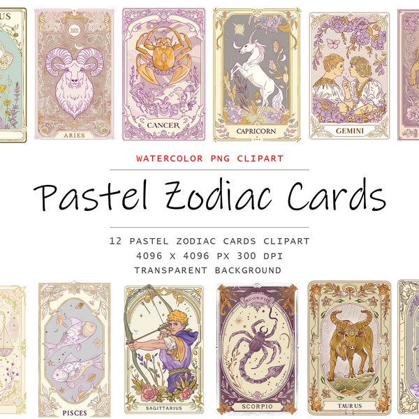 Vintage Pastel Zodiac Cards, 12 PNG Zodiac png art, Commercial Use, Zodiac png Bundle, Digital Zodiac Cards, Digital Download, Zodiac signs