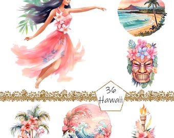 Watercolor Pastel Hawaii Clipart - watercolor surfing tropical island clip art in PNG format instant download, Summer Clipart,Flower Clipart