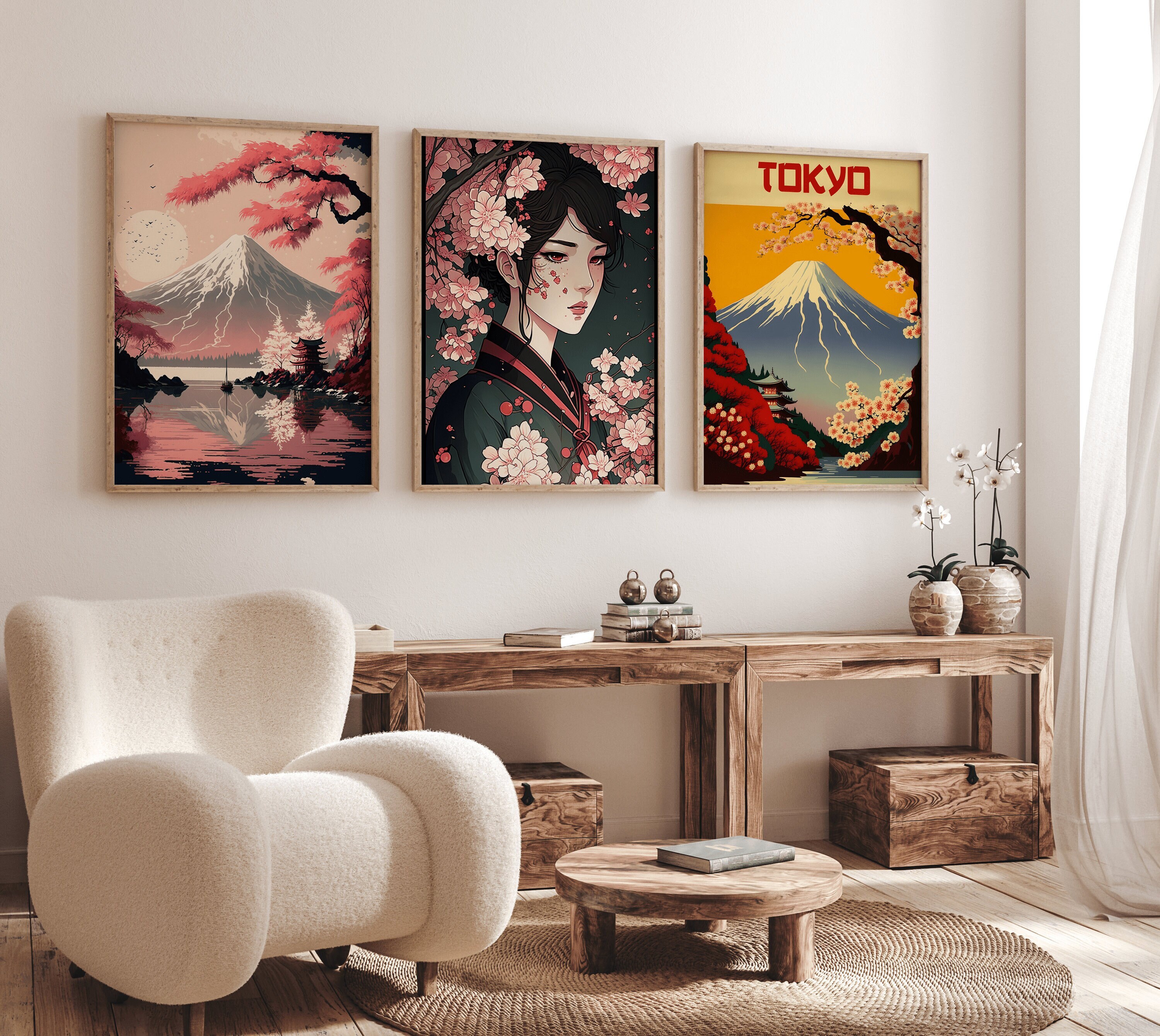 Japanese Set of 3 Vintage Set, Cherry Blossom Print , Sakura Tree