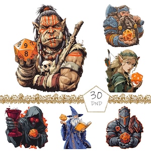 Può includere: Illustrazioni di personaggi fantasy, ognuno con un dado a dieci facce. I personaggi includono un orco, un nano, un elfo, un mago, un cavaliere e una figura in abito. È presente anche il testo "30 DND".