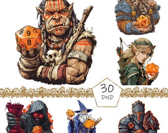 May include: A collection of fantasy character illustrations, each holding a ten-sided die. Characters include an orc, dwarf, elf, wizard, knight, and a robed figure. The text "30 DND" is also present.