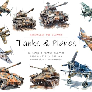 Imágenes prediseñadas de tanques y aviones militares en acuarela, 30 imágenes prediseñadas del ejército PNG, imágenes prediseñadas militares PNG, arte militar digital, imágenes prediseñadas de la Segunda Guerra Mundial en acuarela