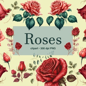 Rose Clipart , Red Roses Clipart , Watercolor Roses , Watercolor Flowers , Flowers Set , Digital Download , Flowers PNG, Roses Png