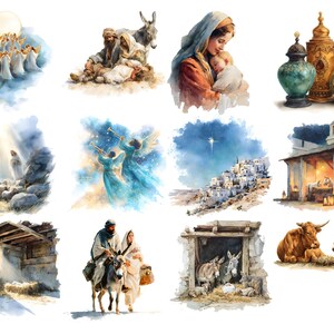 May include: Watercolor illustrations depicting scenes from the Nativity. Images include angels, the Holy Family, shepherds, the star of Bethlehem, and the stable. The artwork features soft colors and a traditional style, suitable for Christmas decor.