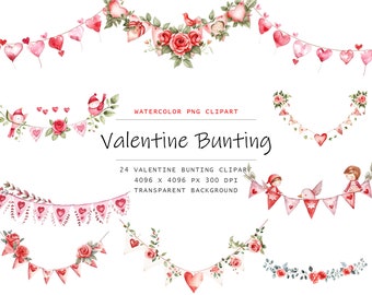 Watercolor Valentine Bunting clipart, 42 high quality PNG files, hearts bunting, love clipart, valentine day, bunting banner, garland