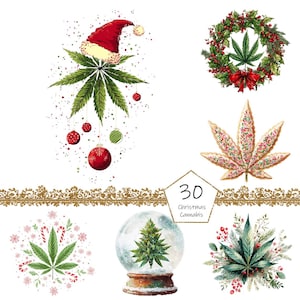 May include: A collection of Christmas-themed cannabis-related illustrations. Includes a cannabis leaf with a Santa hat, a wreath with a cannabis leaf, a cannabis leaf cookie, a snow globe with a Christmas tree, and other festive designs.