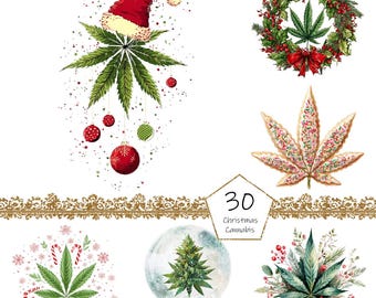 May include: A collection of Christmas-themed cannabis-related illustrations. Includes a cannabis leaf with a Santa hat, a wreath with a cannabis leaf, a cannabis leaf cookie, a snow globe with a Christmas tree, and other festive designs.