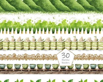 May include: Watercolor illustrations of matcha-themed borders. The image features green matcha mountains, matcha plants, matcha cakes, decorative gold filigree, matcha tea cups, and green leaf vines. The text in the image says "30 Matcha Borders".