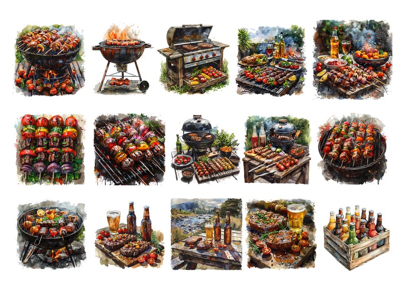 Watercolor Barbecue Clipart, 30 PNG BBQ Clip Art, BBQ Party Clipart Png ...