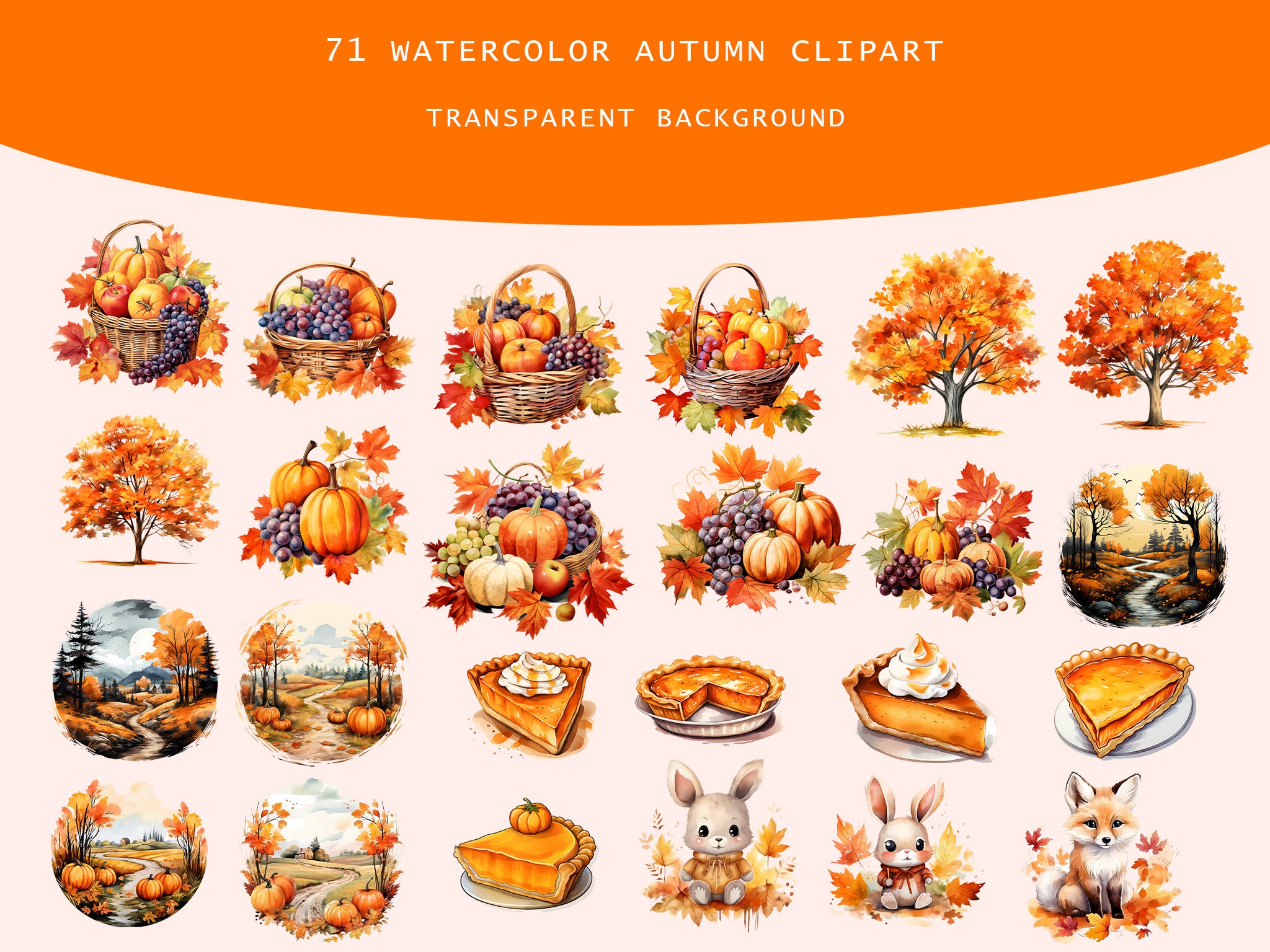 Watercolor Autumn Elements Clipart, Pumpkin Clipart, Autumn Leaves ...