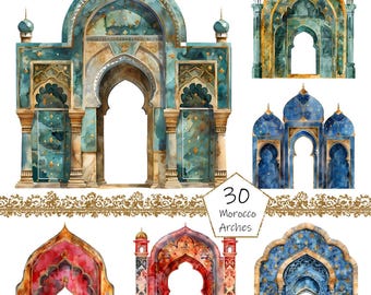Watercolor Moroccan Arches Clipart, 30 PNG Moroccan Arches clip art, Muslim clipart, Islamic Clipart png Bundle, Digital Islamic Art