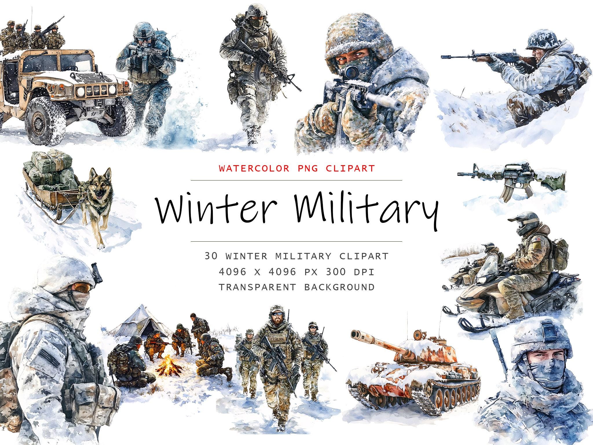 Watercolor Winter Military Clipart, 30 PNG Army clip art,  Commercial Use, Military Clipart png Bundle, Digital Military Art,Winter Army png