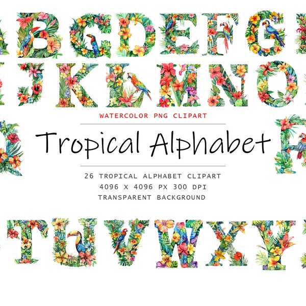 Watercolor Tropical Alphabet, letters png, alphabet png, instant download for commercial use, commercial use, Watercolor Tropical Clipart