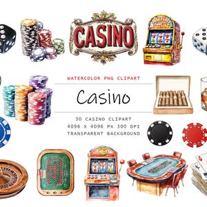 Watercolor Casino Clipart, 30 PNG poker clip art, Commercial Use, Slot Machines Clipart png Bundle, Roulette clipart, Gambling clipart png