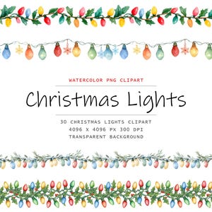 Puede incluir: Clipart de acuarela con luces navideñas. La imagen incluye guirnaldas de luces de colores con bombillas rojas, amarillas y azules, y el texto "Christmas Lights". El clipart tiene un fondo transparente.