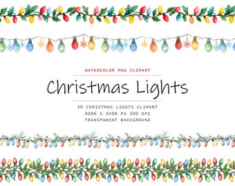 May include: Watercolor clipart featuring Christmas lights. The image includes strings of colorful lights with red, yellow, and blue bulbs, and text that reads "Christmas Lights". The clipart has a transparent background.