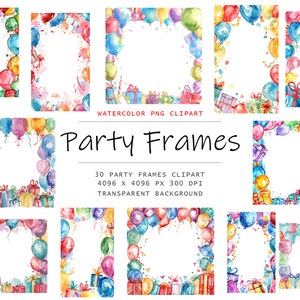 Bordures de fête d'anniversaire aquarelle et Clipart cadres, 30 images de fête d'anniversaire PNG clipart, bordures de fête Clipart png Bundle, cadres numériques