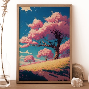 Cherry blossom poster, Lofi poster, Sakura Tree ,lofi art , japanese aesthetic poster , anime style , Japanese Lofi anime poster,digital
