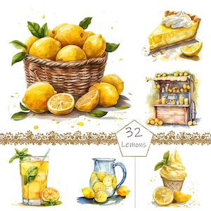 Watercolor Lemons Clipart PNG, Watercolor Sublimation Lemons Clipart, Lemons Bundle Illustrations, Commercial License, Cute Lemonade Graphic