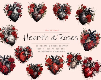Imágenes prediseñadas de corazones florales góticos, ilustraciones anatómicas de San Valentín, ilustraciones digitales PNG de descarga instantánea, imágenes prediseñadas de corazones góticos espeluznantes