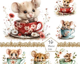 Watercolor Mouse in a cup Clipart, 16 PNG Mouse clip art, Watercolor Baby Mouse Clipart png Bundle, Digital Download, Flowers Mouse clipart