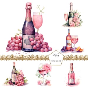 Watercolor Rose Wine Clipart - digital png wine grapes, wine celebration graphics for instant download commercial use, Watercolor wine clip