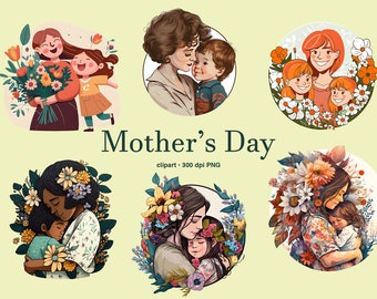 Mother's day clipart, mother and daughter clipart, mother's day stickers, mother's day png, mother's day card, watercolor flowers, flowers
