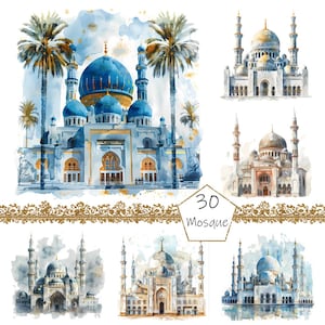 Watercolor Mosque Clipart, 30 PNG Mosque clip art, Commercial Use, Mosque Clipart png Bundle, Digital Mosque Art, Mosque Illustration,Masjid
