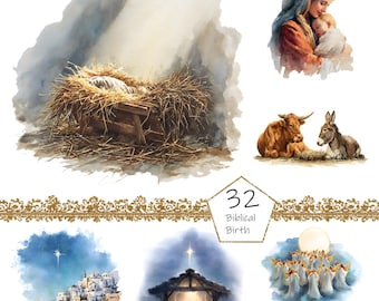 May include: Watercolor illustrations depicting scenes from the Nativity. Images include a manger with a baby, Mary holding baby Jesus, a cow and donkey, a town, a stable, and angels. The text "32 Biblical Birth" is also present.