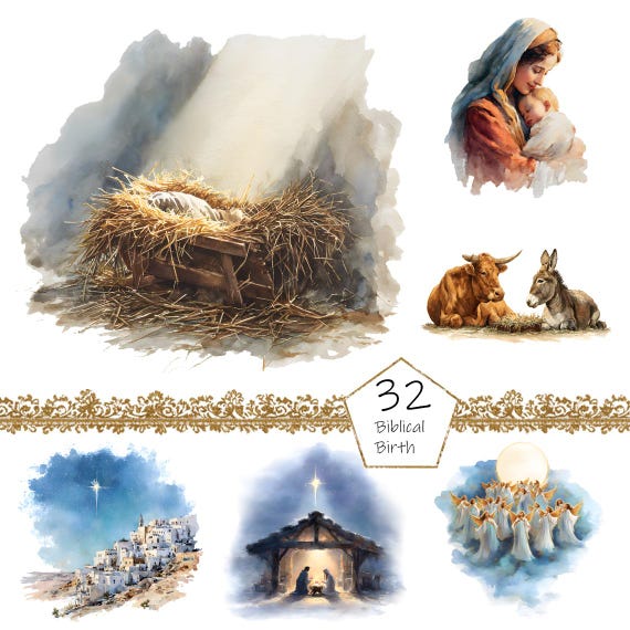 Watercolor Nativity Clipart, 32 PNG Bible clip art, Commercial Use, Biblical Jesus Birth Clipart png Bundle, Easter png, religious clipart