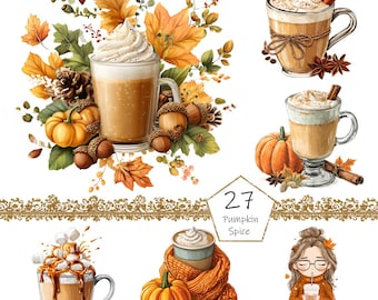 May include: A digital illustration featuring various pumpkin spice-themed elements. The image includes mugs of coffee with whipped cream, pumpkins, acorns, and fall foliage. The text "27 Pumpkin Spice" is also present.