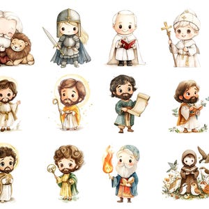 Puede incluir: Ilustraci&oacute;n de acuarela de 10 figuras religiosas diferentes. Las figuras est&aacute;n representadas en un estilo de dibujos animados y visten diversas prendas religiosas. Las figuras incluyen un sacerdote, un obispo, un papa, un santo, un pastor, un rey, un caballero, un profeta, un maestro y un monje.