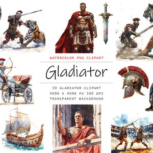 Aquarel Gladiator Clipart, 30 PNG Rome-illustraties, commercieel gebruik, Gladiator Clipart png bundel, digitale kunst, Gladiator-sublimatie, Rome