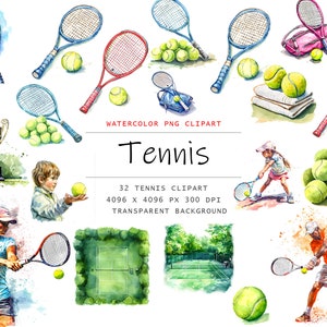 Clipart di tennis ad acquerello - 32 PNG con sfondo trasparente per uso commerciale, download immediato, amante del tennis trasparente, clipart di tennis ad acquerello