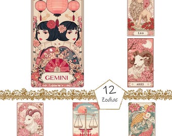 May include: A collection of tarot cards featuring zodiac signs. The Gemini card shows two women under pink lanterns. Other cards include Leo, Aries, Libra, Capricorn, and Pisces. The cards have a vintage, floral design with a pink and cream color scheme.