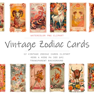 Tarjetas del zodiaco vintage, 12 imágenes PNG del zodiaco, uso comercial, paquete PNG del zodiaco, tarjetas digitales del zodiaco, descarga digital, signos del zodiaco, tarot