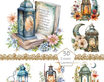 Linterna de Ramadán en acuarela, 30 imágenes prediseñadas de Ramadán PNG, imágenes prediseñadas musulmanas, paquete de imágenes prediseñadas islámicas PNG, arte islámico digital, imágenes prediseñadas islámicas