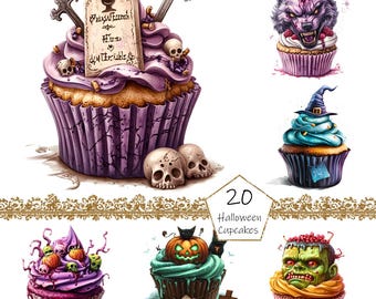 Imágenes prediseñadas de cupcakes de Halloween en acuarela, 20 imágenes prediseñadas de cupcakes de Halloween PNG, uso comercial, paquete de imágenes prediseñadas de Halloween PNG, postres aterradores PNG