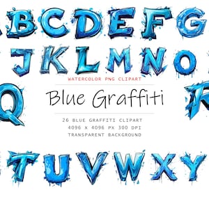 Blue Graffiti Letters Clipart, 26 PNG Graffiti Letters clip art, Graffiti Alphabet Clipart png Bundle , Graffiti clipart, digital download