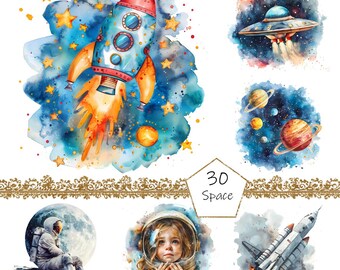 Watercolor Space Clipart, 30 PNG Space clip art, Commercial Use, Astronaut Clipart png Bundle, Digital Space Art, Space Illustration, Space