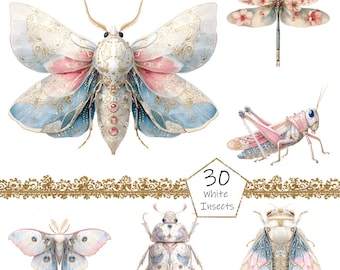 May include: Watercolor illustrations of various insects, including a moth, dragonfly, and grasshopper, in soft pastel colors. The insects have intricate details and are set against a white background. The image includes the text "30 White Insects".