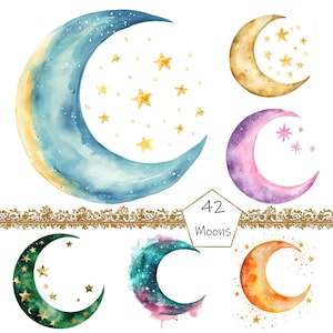 Dreamy Watercolor Moon Clipart- 42 Transparent Background PNG, Crescent Moons Clipart, Dreamy Moon clipart,  Commercial Use Instant Download