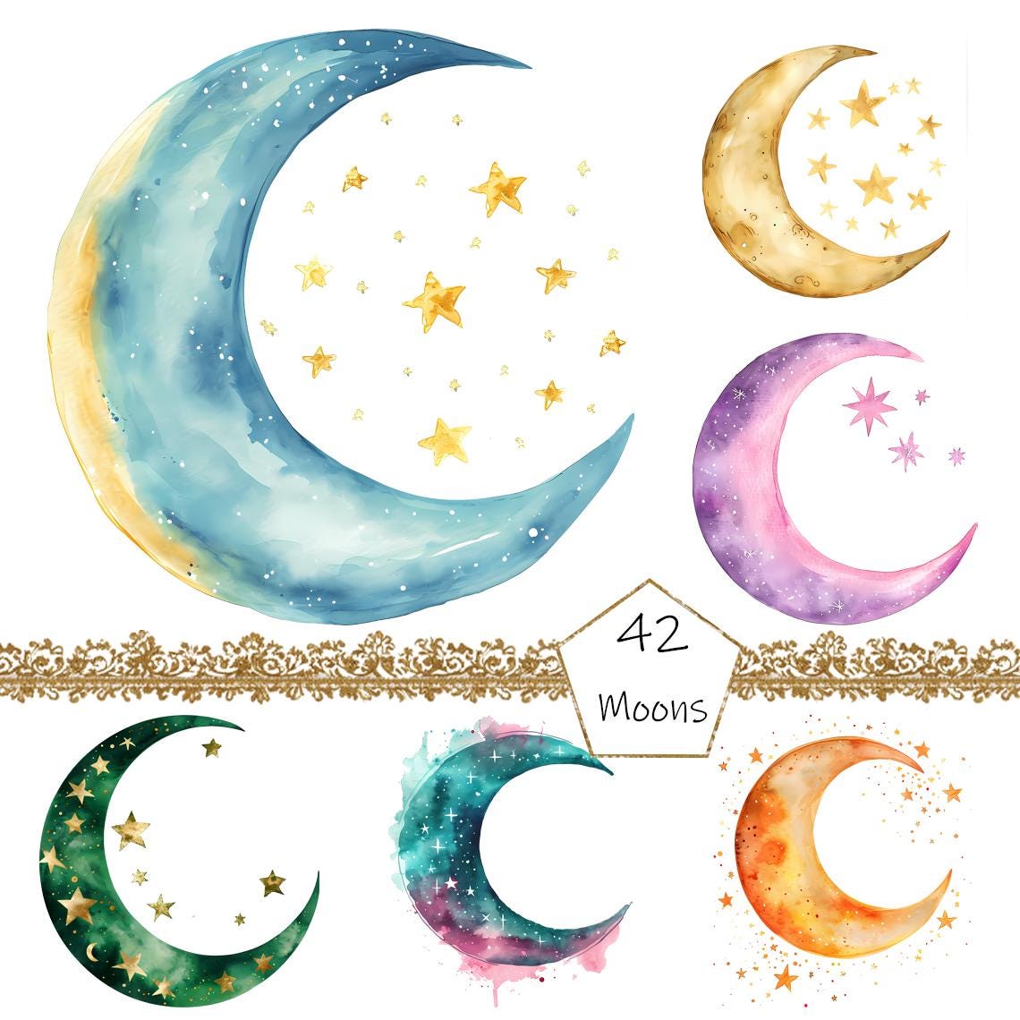 Dreamy Watercolor Moon Clipart- 42 Transparent Background PNG, Crescent Moons Clipart, Dreamy Moon clipart,  Commercial Use Instant Download