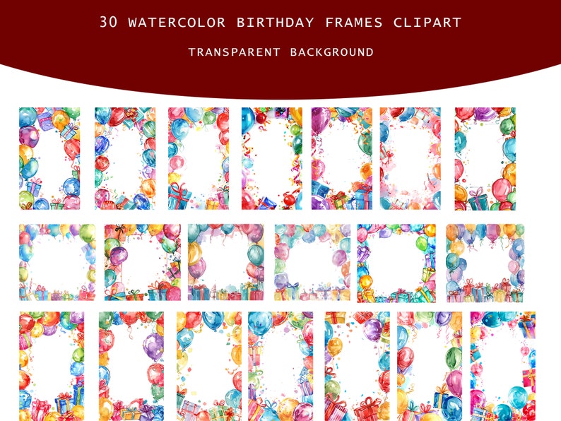 Watercolor Birthday Party Borders and Frames Clipart, 30 PNG Birthday ...