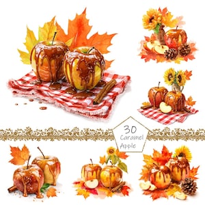 Puede incluir: Ilustración en acuarela de manzanas con caramelo con hojas de otoño, palitos de canela y girasoles. Las manzanas están cubiertas de caramelo y descansan sobre un paño a cuadros rojo y blanco. El texto dice "3D Caramel Apple".