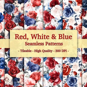 Red White and Blue Flowers Pattern, Patriotic Flowers for 4th of July, Seamless Flower Patterns, Independence Day Flower Patters, Flower PNG