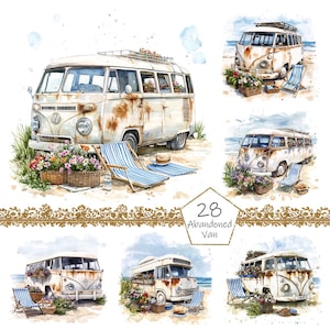 Vintage Abandoned Surfing Van at the Beach Clipart, 28 PNG Summer surfing clip art, Nautical Summer Clipart png Bundle, Surfing clipart png