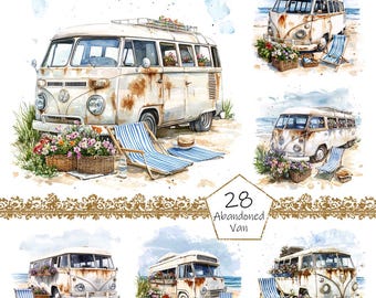 Vintage Abandoned Surfing Van at the Beach Clipart, 28 PNG Summer surfing clip art, Nautical Summer Clipart png Bundle, Surfing clipart png